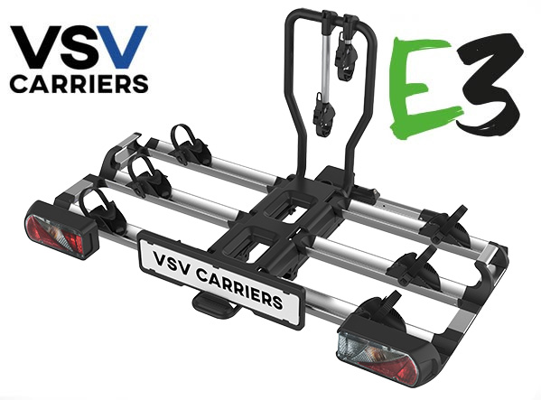 VSV E3 - Capacit 3 bici anche e-BIKE (+ 1 bici optional cod. BCVSVEXT3ZX). Carico Max 60 Kg. Peso articolo 17 Kg.  in acciaio e alluminio. Portabici pieghevole.  Funzione reclinabile per l'apertura del bagagliaio. Passo bici: qualsiasi misura fino a 1350 mm.<br />Presa 7/13 poli- SPECIALE CON SUPPORTI RUOTA MAGGIORATI
